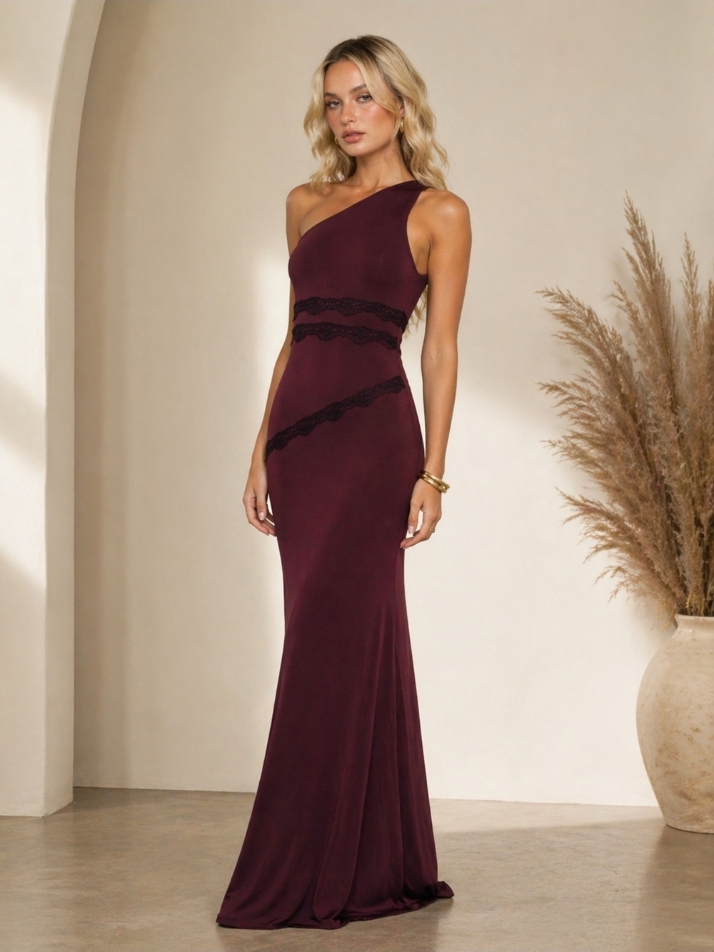 Princess Polly One-Shoulder Burgundy Evening Gown with Black Lace Size 2